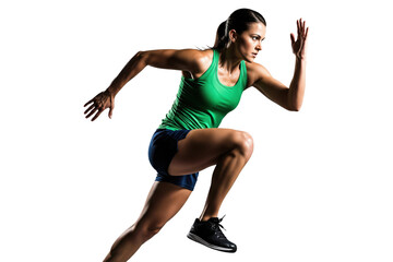 Determined woman in a green tank top running with high knees