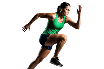 Determined woman in a green tank top running with high knees