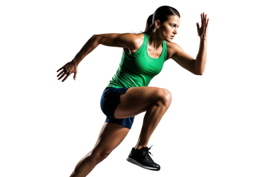 Determined woman in a green tank top running with high knees