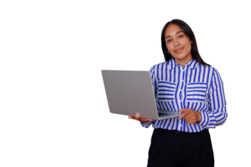 Woman businesswoman standing holding laptop working smiling wearing striped shirt presenting a project over transparent background