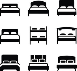 Bed Icon Set – Modern Furniture and Bedroom Silhouette Collection Bedroom Bed Icons – Minimalist Furniture Vector Set for Interior Design