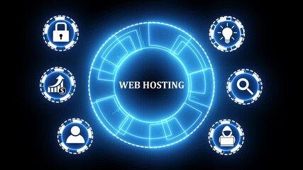 Web Hosting. The activity of providing storage space and access for websites. Business, modern technology, internet and networking concept. glowing animation.