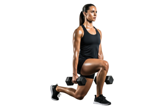 Strong woman doing a dumbbell lunge exercise for leg and glute strength