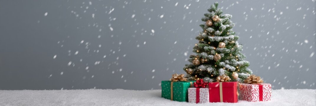 Snowy christmas tree with gifts and falling snowflakes in winter scene