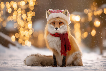 Cute Fox Wearing Santa Hat and Scarf in Snowy Forest &ndash; Christmas Animal