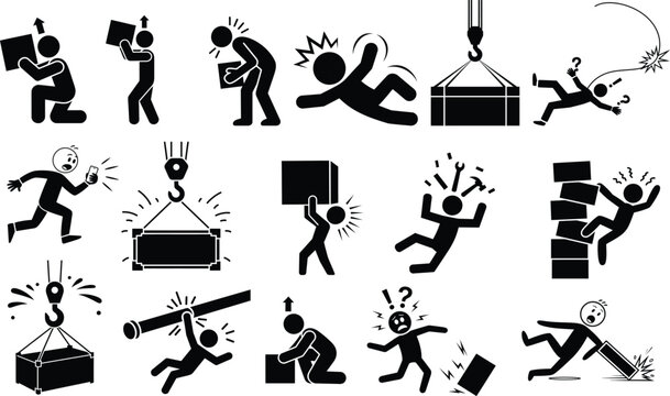 Common workplace safety hazards, accidents, and prevention icons.