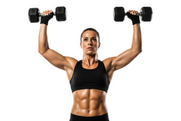Muscular woman with defined abs doing an overhead dumbbell shoulder press