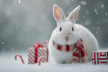 Cute White Rabbit Sitting in Snow Beside a Small Christmas Present