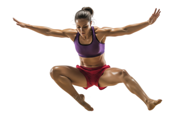 Athletic barefoot woman performing a powerful frog jump with arms outstretched