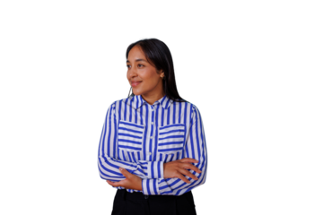 Young businesswoman standing confidently, arms crossed and smiling, looking away with a transparent background