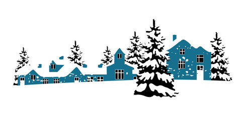 Christmas card with village houses and fir trees in the snow. Snowy Christmas landscape. Vector illustration.