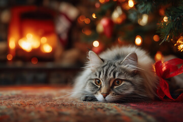 Fluffy Cat Beside a Glowing Christmas Tree Wearing a Holiday Hat