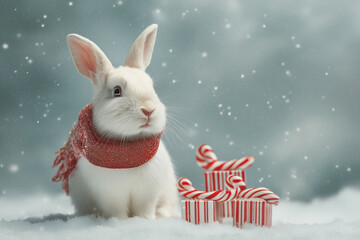 Snowy White Rabbit Beside Festive Christmas Box