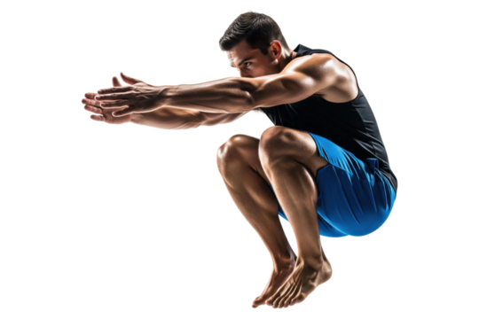 Athletic man in mid-air performing a barefoot tuck jump exercise