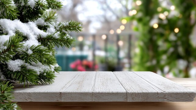 Snowy pine branches and rustic wooden table in winter wonderland setting