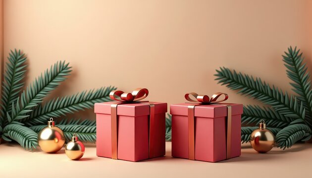 Christmas Product Mockup: Two Red Boxes, Gold Decorations and Pine Needles for Seasonal Sale