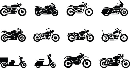 Motorcycle and scooter icons set, various bike silhouettes vector © candysartistry