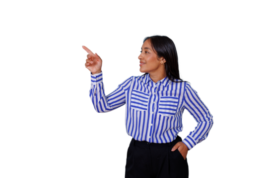 Businesswoman pointing finger, smiling, giving directions, advising, and showing something to copy space. Transparent background
