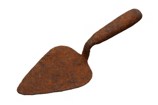 Rusty old small hand trowel, a garden tool showing rust and historical decay, concept of antiquity and maintenance. Transparent background