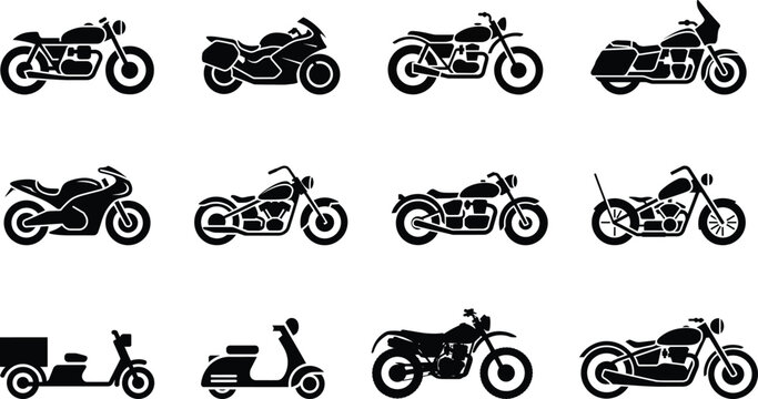 Motorcycle and scooter icons set, various bike silhouettes vector