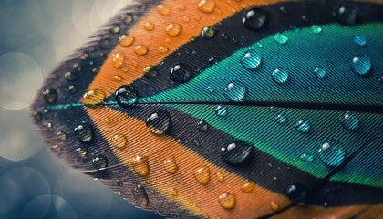 Macro Detail of Colorful Feather with Water Droplets – Nature's Delicate Texture and Vibrancy