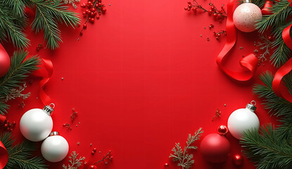 Vibrant Matte Red Christmas Background with White 3D Balls, Pine Leaves, and Ribbons — Luxury Flat-Lay Holiday Design