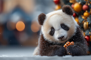 Panda Sitting in Winter Snow with Festive Candy Cane