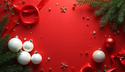 Vibrant Matte Red Christmas Background with White 3D Balls, Pine Leaves, and Ribbons — Luxury Flat-Lay Holiday Design