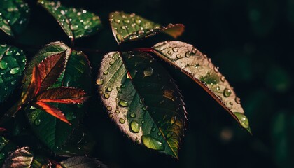 Green Leaves with Water Droplets. Fresh Foliage after Rain or Morning Dew. Nature's Refreshment Close-up.