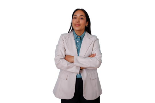 Young corporate woman with folded arms and a confident expression, symbolizing leadership and business acumen, transparent background