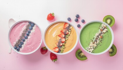Colorful Smoothie Bowls with Fresh Fruits on Pink Background