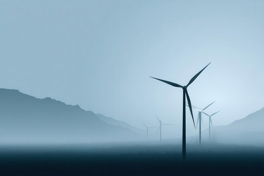 Wind Turbines Silhouetted Against Misty Blue Landscape