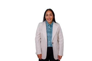 Young businesswoman smiling, standing, looking at camera with confidence, wearing business casual attire, transparent background