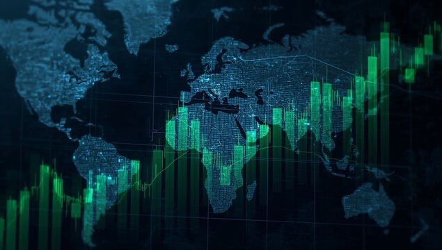 Global market analysis and stock trading data visualization with world map overlaying