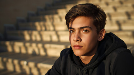 A teenager sits alone on a school staircase, a pensive expression on his face, sunlight, and long winter shadows.