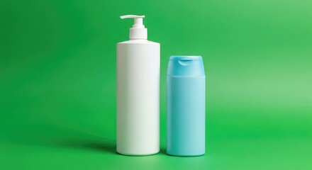 Modern skincare bottles ready for branding against a vibrant green backdrop ready now