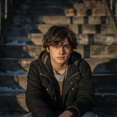 A teenager sits alone on a school staircase, a pensive expression on his face, sunlight, and long winter shadows.