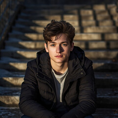 A teenager sits alone on a school staircase, a pensive expression on his face, sunlight, and long winter shadows.