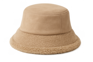 Beige bucket hat featuring faux fur trim and suede material, offering a warm and stylish fashion accessory for winter