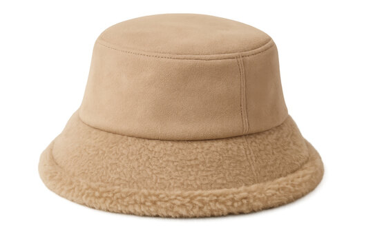 Beige bucket hat featuring faux fur trim and suede material, offering a warm and stylish fashion accessory for winter - Powered by Adobe