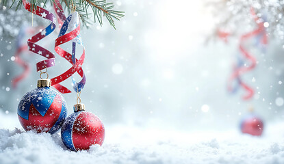 American Flag-Inspired Christmas Background with Red, White, and Blue Ornaments and Stars & Stripes Ribbons — Patriotic Holiday Design