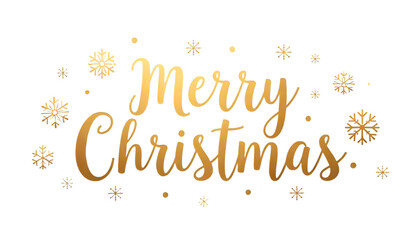 Gold “Merry Christmas” text with golden snowflakes on a black background.
