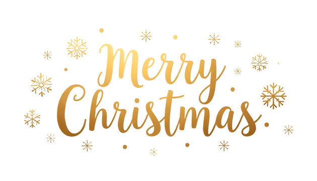 Gold “Merry Christmas” text with golden snowflakes on a black background.
