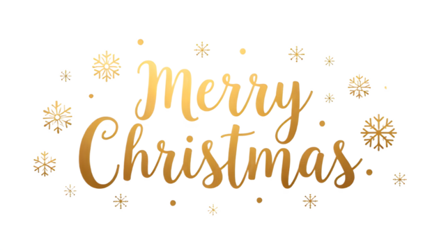 Gold “Merry Christmas” text with golden snowflakes on a black background.
