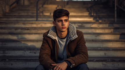 A teenager sits alone on a school staircase, a pensive expression on his face, sunlight, and long winter shadows.