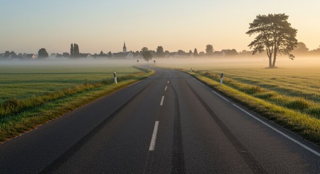 A misty road winds through a rural landscape with a village in the distance - Powered by Adobe