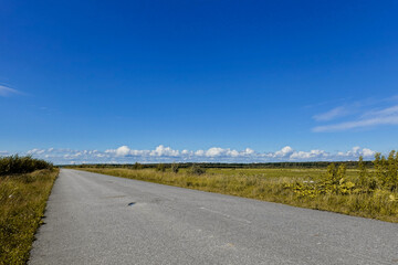 the asphalt road is surrounded by green field and blue sky