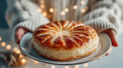 Woman Holding Golden Galette des Rois with Warm Morning Light for Traditional French Epiphany Celebration