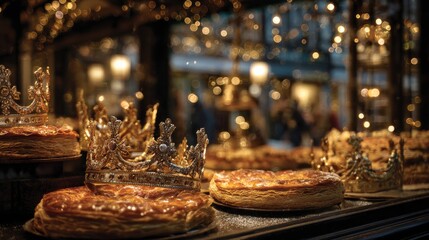 Freshly Baked Galette des Rois with Golden Crown Displayed in a Pastry Shop Window for Epiphany Celebration