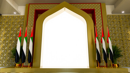a flag of united arab emirates beside a big golden arch door